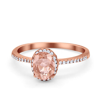Halo Fashion Ring Oval Rose Tone, Simulated Morganite CZ Accent 925 Sterling Silver